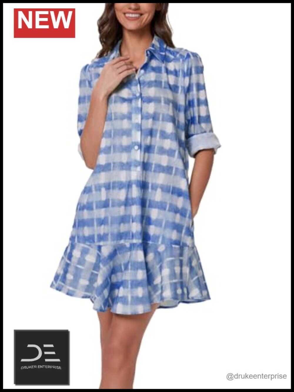 Plaid Mini Dress Long Sleeve V Neck Button Down Ruffled Hem Pockets